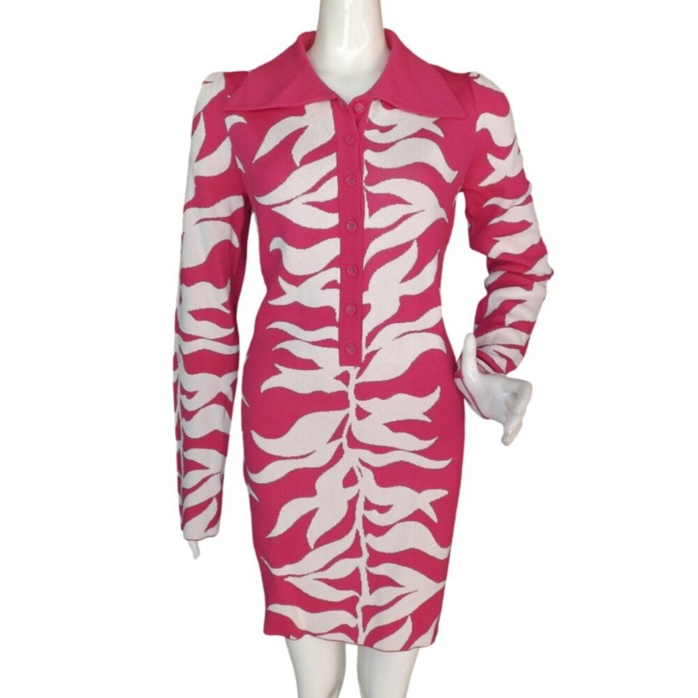 new HANIFA Mini Dress, 1X, Tight Knit, Pink/White, Collar/7 buttons, Long sleeve